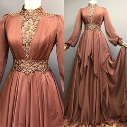 Graceful High Collar Muslim Evening Dresses Appliques Beaded Sequined Draped Skirt Arabic Dubai Formal Evening Gown 2301