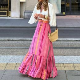 Skirts Vacation Long Skirt High Waist Colourful Print Bohemian Style Beach Dress With Elastic Drawstring For Women