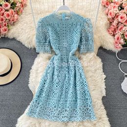 Summer new womens o-neck short puff sleeve high waist lace crochet floral hollow out fashion a-line dress MLXL