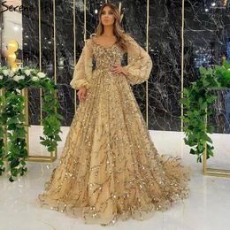 Party Dresses Serene Hill Dubai Luxury Gold Beaded A-Line Evening Gown For Women 2024 Puff Sleeves V-Neck Sexy Formal Dress GLA71049