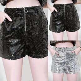 Women's Shorts Women Dancing Sequined Sparkling Front Zipper Up Sexy Short Pants For High Waist Wide Leg Nightclub