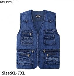 Mens Pure Cotton Denim Vest Multipocket Loose Casual Sleeveless Jacket Male Hiking Fishing Travel Waistcoat Plus Size 240509