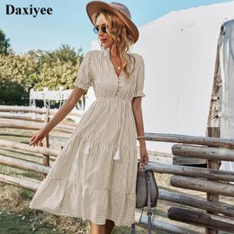 Casual Dresses Summer Dress 2024 Boho Style Beach Fashion Short Sleeve V-neck Striped A-line Holiday Belt Button Sundress Vestido