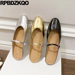 Slippers Strap Sandals Half Shoes Genuine Leather Cowhide Metallic Mules Mirror Belts Slides Mary Jane Flats Women 34 Closed Toe