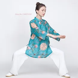 Ethnic Clothing 2024 Chinese Tai Chi Martial Arts Clothes Traditional Taijiquan Practise Flower Print Cotton Linen Suit Outdoor