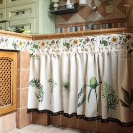 Curtain American Style Black Balls Decorative Green Plant Pattern Short Curtains For Kitchen Door Color Half Window Valance