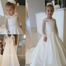 Cute 2020 Satin Lace Applique Flower Girl Dress For Wedding Party Long Sleeves Little Kids Girls First Communion Gowns Christmas Pagean 285i