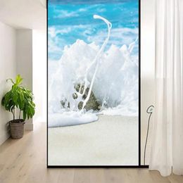 Window Stickers Glue-free Privacy Glass Frosted Sticker Sea Wave Pattern Door Film Static Cling Anti UV Tint