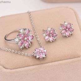 Earrings Necklace Womens Jewellery Set Pink Crystal Snowflake Ring Earrings Necklace Cute Sakura Three piece Bridal Wedding Accessories XW