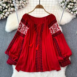 Women's Blouses Retro Embroidered Shirt Top Female 2024 Spring Lace Up Tassel Loose Lantern Sleeves Ethnic Style Blouse A46