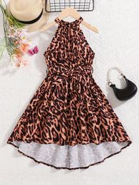 Girl Dresses Girls Summer Classic Leopard Pattern Hanging Neck Sleeveless Dress Belt