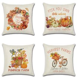 Pillow 45 45cm Linen Cover Happy Fall Pumpkin Lei Bike Printed Pillowcase Kussenhoes Sofa Home Thanksgiving Decor Accessories