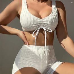 Women's Swimwear Bikini Set Sexy White High Waist Ribbed Bottom Shorts Women Two Piece Drawstring Swimsuits Bathing Suit 2024