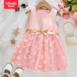 Girl Dresses Hibobi Summer Toddler Girl's Pink Three-Dimensional Star And Moon Satin Sleeveless Round Neck Dress Suitable For 1-6 Years Old