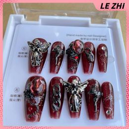 Party Favor Sweet Cool Dark Wind Blood Red Handmade Fake Nails 3D Ruby Cross Chain Angel Wearable Press On Woman Birthday Gift