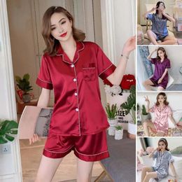 Home Clothing Women Summer Loungewear Women's Pajama Set With Turn-down Collar Chest Pocket Elastic Waist 2 Piece Casual For Comfort