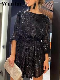 Casual Dresses Wmstar Women's Holiday Sequin Dress Party Beaded Lace Up Long Sleeved O Neck Loose Solid Color Plus Size Club