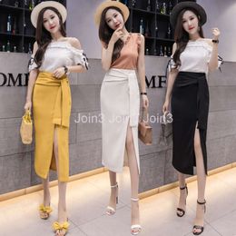 New womens high waist korean fashion lacing bow patchwork sexy vent jag maxi long pencil skirt plus size S M L XL