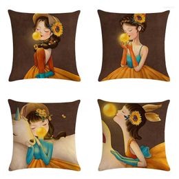 Pillow Cartoon Art Girl Cover Linen Custom Sunflower Throw Case Home Living Room Sofa Bedroom Decorative Pillowcase