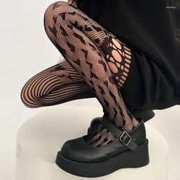Women Socks Japanese Sexy Fishnet Tights Stockings Aesthetic Asymmetrical Striped Pattern Hollowed Lace Pantyhose