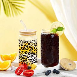 Wine Glasses 1Pc 3D Print Black Leopard Pattern 16oz Sublimation Glass Straw Juice Bottle With Bamboo Lid Suitable For Gifts