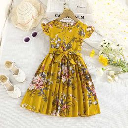 Girl's Dresses Dress For Kids 5-14 Years old Birthday Cute Floral Ruffled Sleeve Pleated Skirt Princess Dresses Ootd For Baby GirlL2405