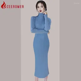 Casual Dresses 2024 Autumn Winter Korean Fashion Solid Slim Kintted Mid Length Dress Women Turtleneck Long Sleeve Elegant Bodycon Sweater