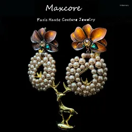 Hoop Earrings Maxcore Silver Post Vintage Coffee Color Flower With Zirconia Inlay And Pearl Round Earring Drops Exagerated Ear Jewely