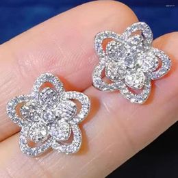 Stud Earrings Custom Solid 18K White Gold Women Star Flower Moissanite Diamonds Wedding Engagement Anniversary Gift Romantic