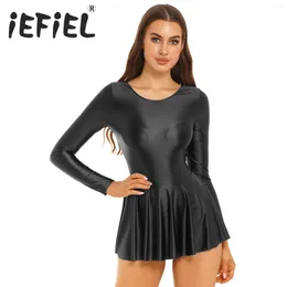 Casual Dresses Womens Glossy Long Sleeve Ruffled Dress Solid Color Leotard For Sports Gymnastics Workout Ballet Dance Swimwear Swimming