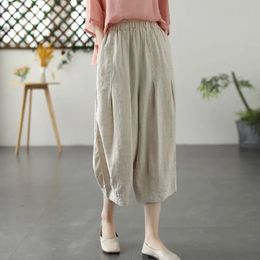 Summer Comfortable Flax Casual Bloomers Ladies Loose Solid Womens Clothing Simplicity Pocket Elastic Waist Calf-Length Pants 240514