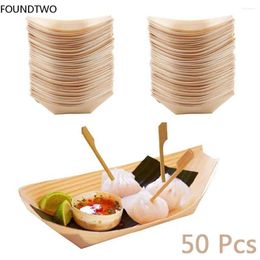 Disposable Dinnerware 50pcs Wooden Boat Shape Plates Salad Dessert Pine Cake Snack Serving Bowl Natural Bamboo Sushi Plate Tray