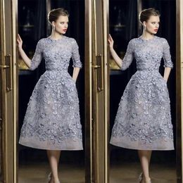 Sexy Formal Party Celebrity Dress Customized Elie Saab Evening Dresses Elegant Lace Applique A-Line Prom Gowns 3 4 Long Sleeve Tea Leng 219j