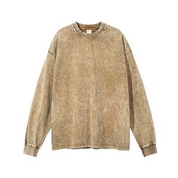 Autumn Retro Long sleeved T-shirt Mens Cotton Wash T-shirt Fashion Harajuku Street Clothing Top Mens Plus Size 5XL 240511