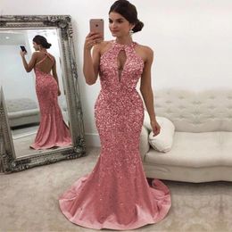 2021 New Pink Evening Dresses Jewel Neck Sequined Lace Long Backless Mermaid Prom Dress Sweep Train Custom Illusion Robes De Soiree 234G