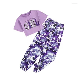 Clothing Sets Kid Girl Pants Set Letter Print Short Sleeve Tops With Camouflage Pattern Trousers 2 Pcs Summer Outfit