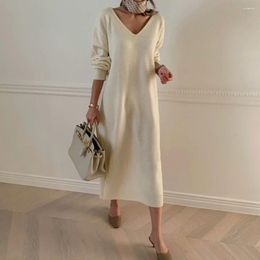 Casual Dresses Womens Dress 2024 Korean Fashion Autumn Winter Split Fork V-neck Mid-length Solid Colour Long Sleeve Knit