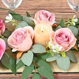 Decorative Flowers European-style Artificial Rose Wreath Candlestick Garland Christmas Decoration Table Wedding Party Home Flower