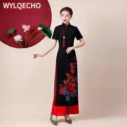 Ethnic Clothing 2024 Traditional Aodai Dress Vietnam Vintage Pants Set Oriental Qipao Cheongsam Banquet Evening Vestido