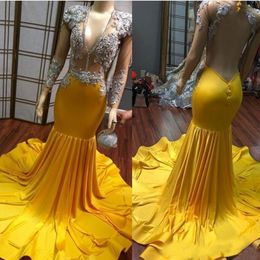 Yellow Sexy V Neck Mermaid Prom Dresses Long Sleeve Plus Size See Sheer Crystal Beaded Evening Gowns African Formal Dress 269a