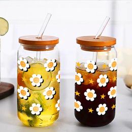 Wine Glasses 3D Print Cute Happy White Flower Star Pattern Sublimation Glass Straw Juice Bottle With Bamboo Lid Suitable For Gifts