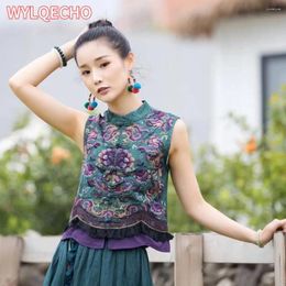 Ethnic Clothing 2024 Traditional Flower Embroidery Hanfu Tops Vest Chinese Sleeveless Jacket Vintage Cotton Linen Gilet