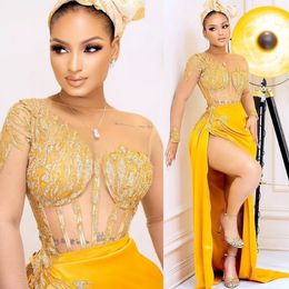 Plus Size Arabic Aso Ebi Yellow Lace Beaded Prom Dresses Sheer Neck Evening Formal Party Second Reception Birthday Engagement Gowns Dre 222L