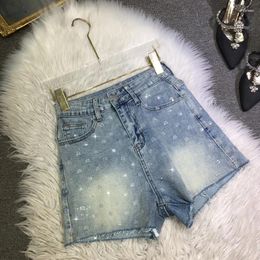 Women's Jeans Shiny Letters Drilling Women Denim Shorts All-match Spring Summer Stretch High Waist Loose A-line Wide Leg 2024