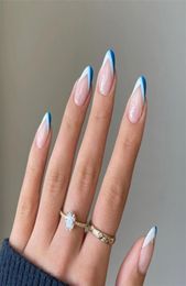 24pcs Almond False Nails Short French Blue Design Artificial Ballerina Fake With Glue Full Cover Nail Tips Press On 2207087628566