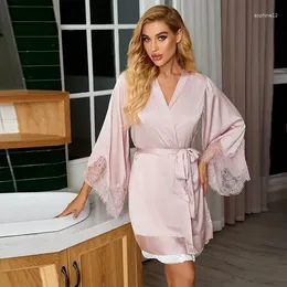 Home Clothing Sexy Pink Lace Bride Wedding Robe Female Nightgown Kimono Bathrobe Gown Spring Summer Loose Silky Satin Dress Lounge Wear