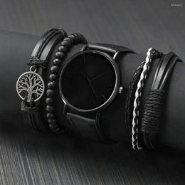 Wristwatches Men Watch Luxury Bracelet Set Fashion Business Black Leather Quartz Wrist Watches For Gift Relogio Masculino