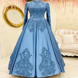 Blue Muslim Evening Dresses 2022 High Neck long sleeves Applique Lace Satin prom gowns Elegant Women Formal Dress Robe De Marriage 262u
