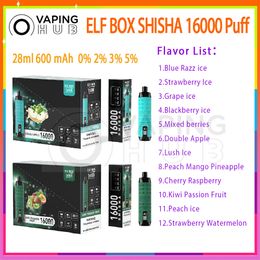 ELF BOX SHISHA 16000 Puff E Cigarettes Mesh Coil 28ml Prefilled Pod 600mAh Battery 12 Flavors 0%2%3%5% Level Disposable Puffs 16k Vape Pen