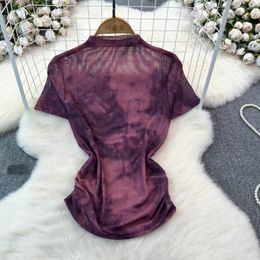Women's Blouses Women Chic Mesh Tie Dye Short Sleeve Tank Top Slim Sexy Korean Fashion Half High Collar Vintage Summer Blouse